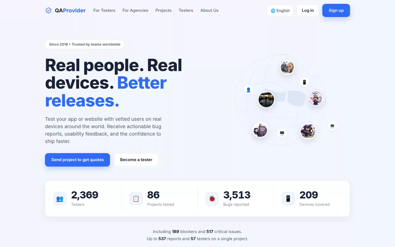 QAProvider — главная страница платформы краудтестинга