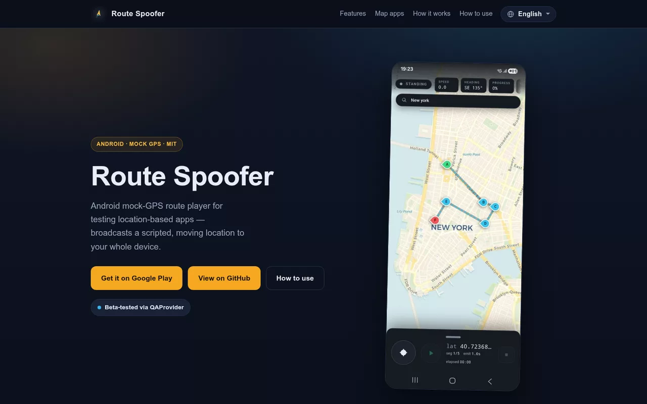 Route Spoofer — страница Android-приложения для подмены GPS-маршрута